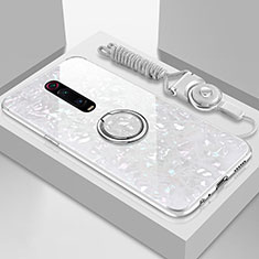 Coque Rebord Contour Silicone et Vitre Miroir Housse Etui avec Support Bague Anneau Magnetique T02 pour Xiaomi Mi 9T Pro Blanc