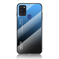 Coque Rebord Contour Silicone et Vitre Miroir Housse Etui Degrade Arc en Ciel LS1 pour Samsung Galaxy A21s Bleu