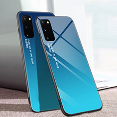 Coque Rebord Contour Silicone et Vitre Miroir Housse Etui Degrade Arc en Ciel pour Samsung Galaxy S20 5G Bleu