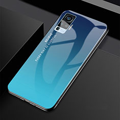 Coque Rebord Contour Silicone et Vitre Miroir Housse Etui Degrade Arc en Ciel pour Vivo X50 Pro 5G Bleu
