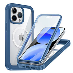 Coque Rebord Contour Silicone et Vitre Transparente Housse Etui 360 Degres avec Mag-Safe Magnetic Magnetique AC1 pour Apple iPhone 15 Pro Max Bleu