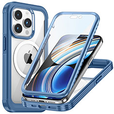 Coque Rebord Contour Silicone et Vitre Transparente Housse Etui 360 Degres avec Mag-Safe Magnetic Magnetique T01 pour Apple iPhone 14 Pro Bleu