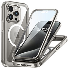 Coque Rebord Contour Silicone et Vitre Transparente Housse Etui 360 Degres avec Mag-Safe Magnetic Magnetique T01 pour Apple iPhone 15 Pro Gris
