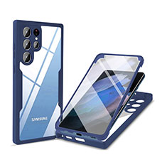 Coque Rebord Contour Silicone et Vitre Transparente Housse Etui 360 Degres M01 pour Samsung Galaxy S22 Ultra 5G Bleu