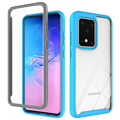 Coque Rebord Contour Silicone et Vitre Transparente Housse Etui 360 Degres ZJ1 pour Samsung Galaxy S20 Ultra 5G Bleu Ciel