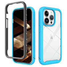 Coque Rebord Contour Silicone et Vitre Transparente Housse Etui 360 Degres ZJ4 pour Apple iPhone 15 Pro Bleu Ciel