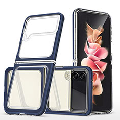 Coque Rebord Contour Silicone et Vitre Transparente Miroir Housse Etui MQ1 pour Samsung Galaxy Z Flip3 5G Bleu