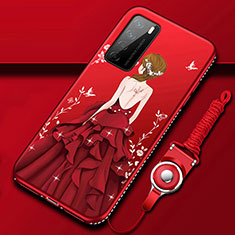Coque Silicone Dos de Fille Souple Couleur Unie Etui Housse pour Huawei Honor Play4 5G Rouge