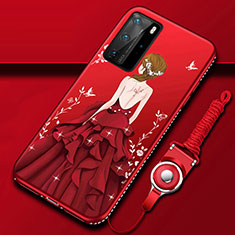 Coque Silicone Dos de Fille Souple Couleur Unie Etui Housse pour Huawei P40 Pro Rouge