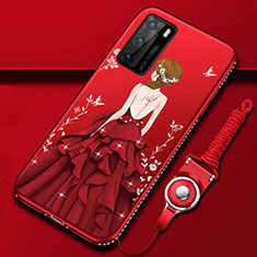 Coque Silicone Dos de Fille Souple Couleur Unie Etui Housse pour Huawei P40 Rouge