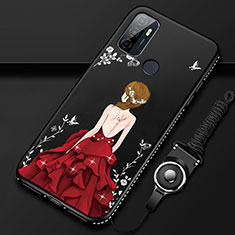 Coque Silicone Dos de Fille Souple Couleur Unie Etui Housse pour Oppo A53s Rouge et Noir