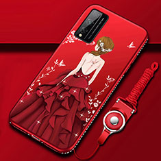 Coque Silicone Dos de Fille Souple Couleur Unie Etui Housse S01 pour Huawei Honor Play4T Pro Rouge