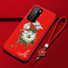 Coque Silicone Fleurs Souple Couleur Unie Etui Housse S01 pour Huawei P40 Pro Rouge