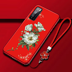 Coque Silicone Fleurs Souple Couleur Unie Etui Housse S02 pour Huawei Enjoy 20 Pro 5G Rouge