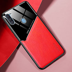 Coque Silicone Gel Motif Cuir Housse Etui avec Magnetique pour Samsung Galaxy A11 Rouge