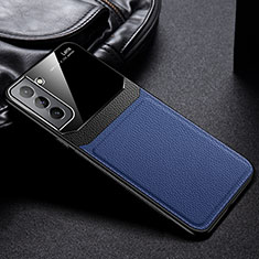 Coque Silicone Gel Motif Cuir Housse Etui avec Magnetique pour Samsung Galaxy S22 5G Bleu