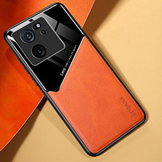 Coque Silicone Gel Motif Cuir Housse Etui avec Magnetique pour Xiaomi Mi 13T 5G Orange