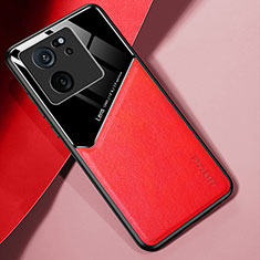 Coque Silicone Gel Motif Cuir Housse Etui avec Magnetique pour Xiaomi Mi 13T Pro 5G Rouge