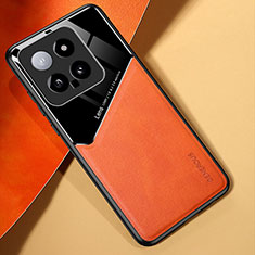 Coque Silicone Gel Motif Cuir Housse Etui avec Magnetique pour Xiaomi Mi 14 Pro 5G Orange