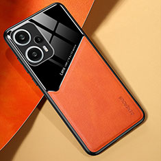 Coque Silicone Gel Motif Cuir Housse Etui avec Magnetique pour Xiaomi Poco F5 5G Orange