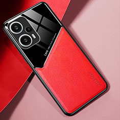 Coque Silicone Gel Motif Cuir Housse Etui avec Magnetique pour Xiaomi Poco F5 5G Rouge