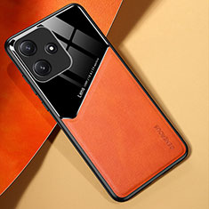 Coque Silicone Gel Motif Cuir Housse Etui avec Magnetique pour Xiaomi Redmi 12 5G Orange