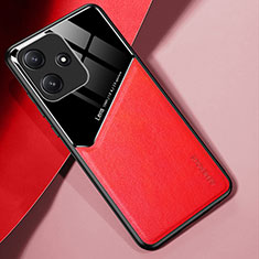 Coque Silicone Gel Motif Cuir Housse Etui avec Magnetique pour Xiaomi Redmi 12 5G Rouge