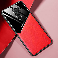 Coque Silicone Gel Motif Cuir Housse Etui avec Magnetique pour Xiaomi Redmi 9 Prime India Rouge