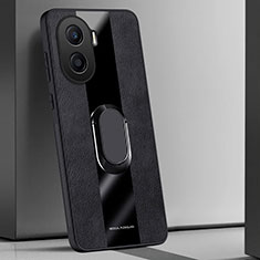 Coque Silicone Gel Motif Cuir Housse Etui avec Support Bague Anneau Aimante Magnetique PB1 pour Huawei Honor X7a Noir