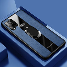 Coque Silicone Gel Motif Cuir Housse Etui avec Support Bague Anneau Aimante Magnetique PB1 pour Vivo V21 5G Bleu