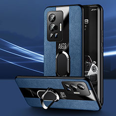 Coque Silicone Gel Motif Cuir Housse Etui avec Support Bague Anneau Aimante Magnetique PB1 pour Vivo X70 Pro 5G Bleu