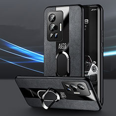 Coque Silicone Gel Motif Cuir Housse Etui avec Support Bague Anneau Aimante Magnetique PB1 pour Vivo X70 Pro 5G Noir