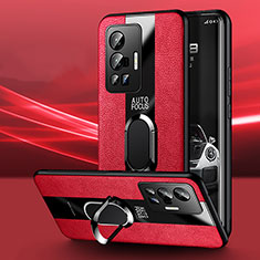 Coque Silicone Gel Motif Cuir Housse Etui avec Support Bague Anneau Aimante Magnetique PB1 pour Vivo X70 Pro 5G Rouge