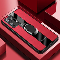 Coque Silicone Gel Motif Cuir Housse Etui avec Support Bague Anneau Aimante Magnetique PB1 pour Xiaomi Mi Mix 4 5G Rouge