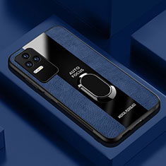 Coque Silicone Gel Motif Cuir Housse Etui avec Support Bague Anneau Aimante Magnetique PB1 pour Xiaomi Poco F4 5G Bleu