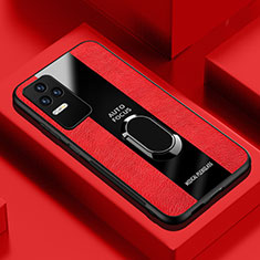 Coque Silicone Gel Motif Cuir Housse Etui avec Support Bague Anneau Aimante Magnetique PB1 pour Xiaomi Poco F4 5G Rouge