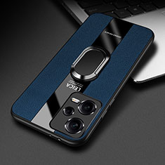 Coque Silicone Gel Motif Cuir Housse Etui avec Support Bague Anneau Aimante Magnetique PB1 pour Xiaomi Redmi Note 12 Pro 5G Bleu