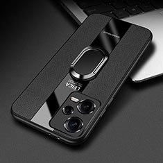 Coque Silicone Gel Motif Cuir Housse Etui avec Support Bague Anneau Aimante Magnetique PB1 pour Xiaomi Redmi Note 12 Pro 5G Noir