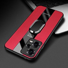 Coque Silicone Gel Motif Cuir Housse Etui avec Support Bague Anneau Aimante Magnetique PB1 pour Xiaomi Redmi Note 12 Pro 5G Rouge