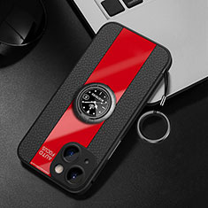 Coque Silicone Gel Motif Cuir Housse Etui avec Support Bague Anneau Aimante Magnetique pour Apple iPhone 13 Rouge