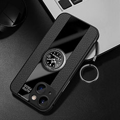 Coque Silicone Gel Motif Cuir Housse Etui avec Support Bague Anneau Aimante Magnetique pour Apple iPhone 14 Noir