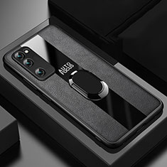 Coque Silicone Gel Motif Cuir Housse Etui avec Support Bague Anneau Aimante Magnetique pour Huawei Honor 30 Lite 5G Noir