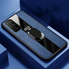 Coque Silicone Gel Motif Cuir Housse Etui avec Support Bague Anneau Aimante Magnetique pour Huawei Honor 30S Bleu