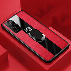 Coque Silicone Gel Motif Cuir Housse Etui avec Support Bague Anneau Aimante Magnetique pour Huawei Honor 30S Rouge