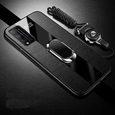 Coque Silicone Gel Motif Cuir Housse Etui avec Support Bague Anneau Aimante Magnetique pour Huawei Honor Play4T Pro Noir