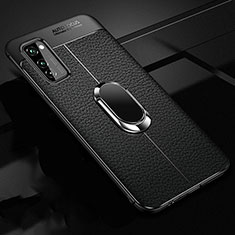 Coque Silicone Gel Motif Cuir Housse Etui avec Support Bague Anneau Aimante Magnetique pour Huawei Honor V30 5G Noir