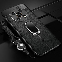 Coque Silicone Gel Motif Cuir Housse Etui avec Support Bague Anneau Aimante Magnetique pour Huawei Honor X9 5G Noir