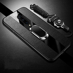 Coque Silicone Gel Motif Cuir Housse Etui avec Support Bague Anneau Aimante Magnetique pour OnePlus 8 Noir