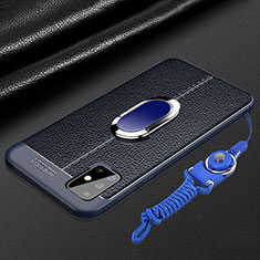 Coque Silicone Gel Motif Cuir Housse Etui avec Support Bague Anneau Aimante Magnetique pour Samsung Galaxy A71 5G Bleu