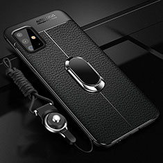 Coque Silicone Gel Motif Cuir Housse Etui avec Support Bague Anneau Aimante Magnetique pour Samsung Galaxy M40S Noir